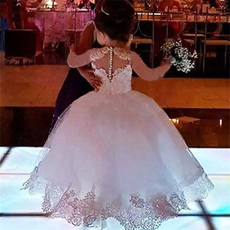 Custom New Lace Ball Gown Princess Flower Girls Dresses Appliques With Beaded Stunning Söt Tjejer First Communion Dress White
