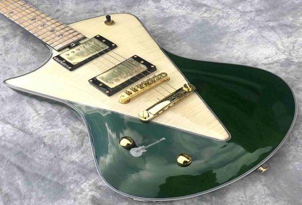 Nueva forma personalizada Guitarra eléctrica de mano izquierda en el cuerpo de caoba verde de rosa difabeto Aceptar graves de guitarra personalizado Proyecto9487187