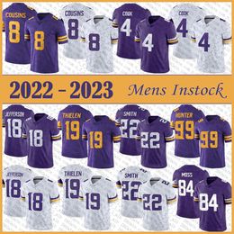 Aangepaste NFLL-shirts 18 Justin Jefferson 19 Adam Thielen voetbalshirt voor heren 4 Dalvin Cook 8 Kirk Cousins 22 Harrison Smith 99 Danielle Hunter Randy Moss 100 Stitched E