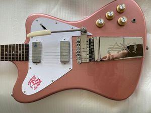 Custom Non Reverse Fire Rose Gold Pink Electric Guitar Long Maestro Vibrola Tremolo Bridge, Mini Humbucker Pickups Grover Tuners Chrome Hardware