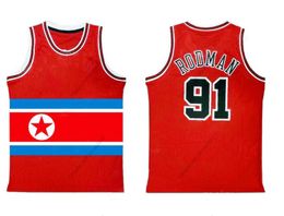 Aangepaste Noord-Korea Dennis Rodman #91 Basketball jersey Rode maat S-4XL Elke naam en nummer van topkwaliteit jerseys