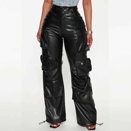 Fabricant OEM personnalisé poches Baggy taille haute Streetwear jambe large décontracté dames Long pantalon Cargo en cuir pour femmes pantalons