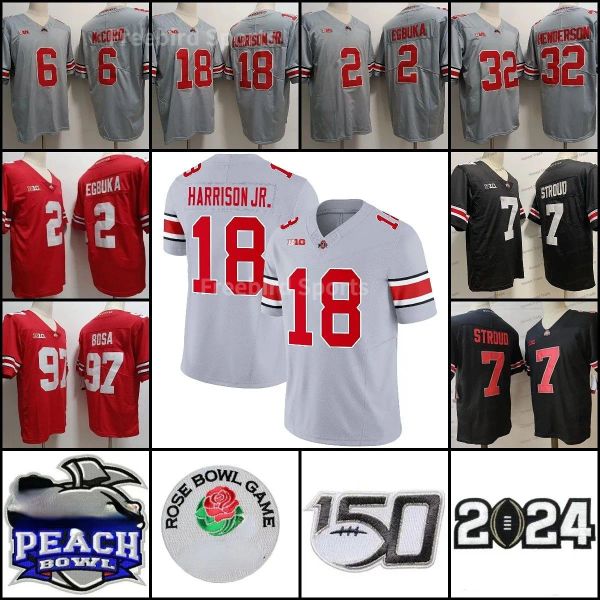 CUSTOM Ohio State 18 Marvin Harrison Gray College 2 Emeka Egbuka 97 Nick Bosa 32 Henderson Noir Blanc Rouge Maillots de football pour hommes S-