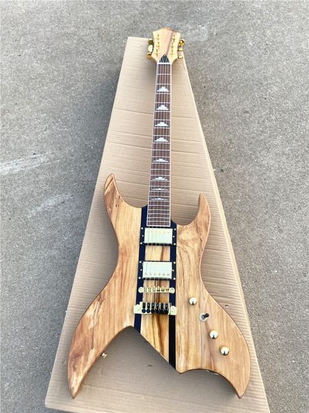 Guitarra eléctrica de 6 cuerdas con forma de madera Original personalizada, cuerpo de una pieza, puente fijo, herrajes dorados