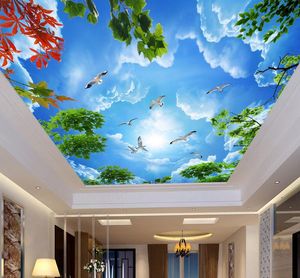 Pintura personalizada Hermoso cielo azul y nubes blancas Techo Mural de pared Diseños modernos 3D Sala de estar Dormitorio Techo Papel tapiz Papel De Parede