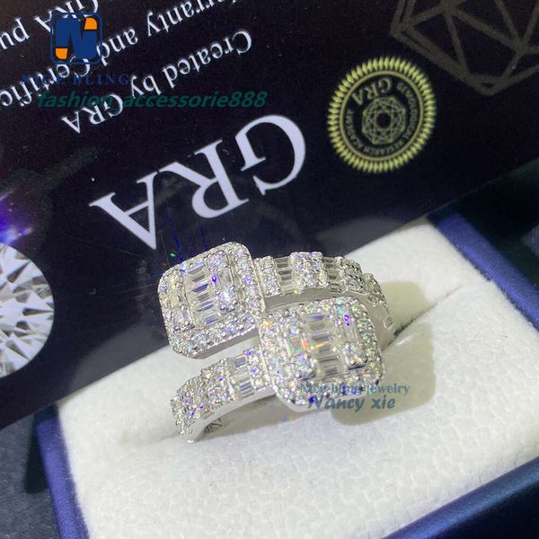 Probador de diamantes de paso personalizado Hop VVS Baguette Moissanite Iced Out Sier Ring hombres joyería de Hip Hop