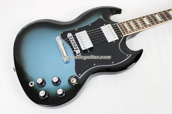 Custom Pelham Blue Burst Guitare électrique Noir 5 plis Pickguard intégral Micros Humbucker Grover Tuners Touche en palissandre Incrustation trapézoïdale Matériel chromé