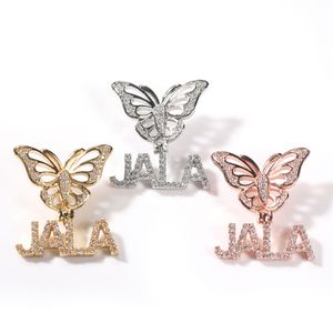 TopBling – pendentif personnalisé avec nom et lettre papillon, plaqué or véritable 18 carats, pour hommes, glacé