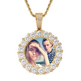 Collier pendentif personnalisé designer pour femmes hommes cadre photo bricolage privé personnalisé couple photo commémorative ronde grand zircon solide hip hop chaînes bijoux cadeau