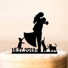 Décoration de gâteau personnalisée avec Date, chats, mariée et marié avec chats, décoration de gâteau de mariage, décoration d'anniversaire, 220618