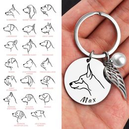 Porte-clés de chien de nom d'animal de compagnie personnalisé avec pendentif en perle d'aile pour femmes hommes porte-clés en acier inoxydable Portrait de gravure au Laser personnalisé