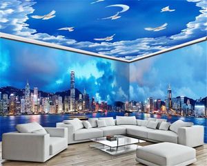 Foto personalizada Papel tapiz 3d Vista nocturna de Hong Kong Superficie del mar Cielo Toda la casa Fondo Pintura de pared HD Decorativo Hermoso papel tapiz