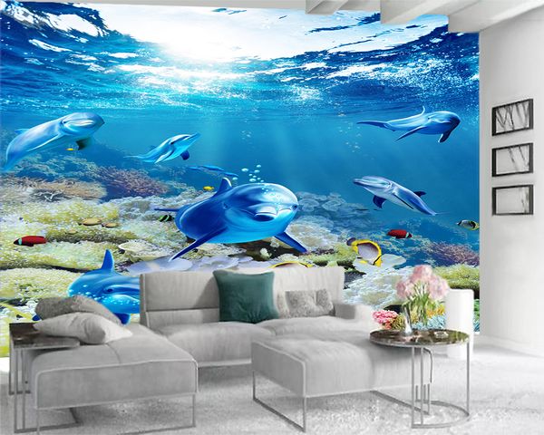 Foto personalizada Papel tapiz 3d Mural Dreamy Underwater Coral Dolphin Sala de estar Dormitorio TV Fondo Papel tapiz de pared