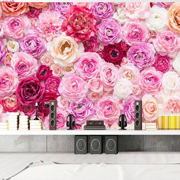 Custom Photo Art Wallpaper Hermosas Flores Rosas Rojas Pintura de Pared Sala de Bodas Dormitorio Living Decoración Murales 3D Buena calidad