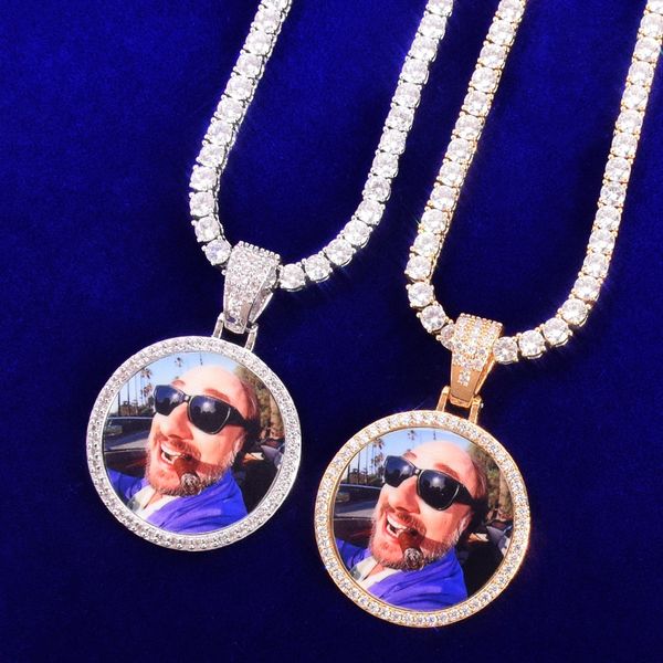 Collar redondo de círculo de foto personalizado para hombres hecho medallones colgante de imagen parte posterior sólida chapado en oro circón joyería de Hip Hop