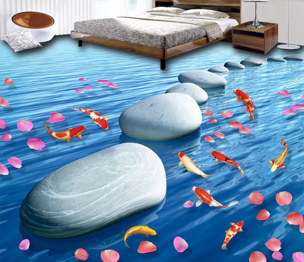 Personnel Personnel Papier peint Art Moderne Pierre Pétale Carp Carpe 3D Plancher Mural-3D PVC Papier peint Auto-adhésif Fond d'écran-3D