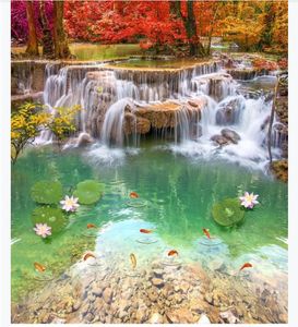 Aangepaste foto vloeren behang 3d muurstickers moderne pastorale bos landschap schilderij waterval lotusbloem blad vissen vloer schilderij muren papier huis decor