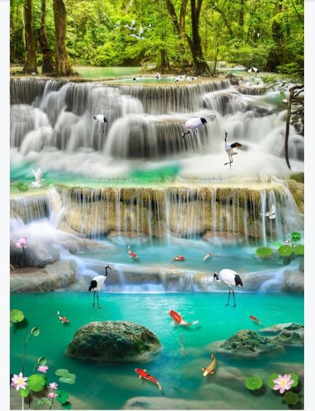 Personnalisé Photo Panneaux d'écran Stickers muraux 3D Paysage Idyllique Électricité Cascade de l'eau Poisson Lotus 3D Plancher Peinture Murs Papiers Accueil Décoration