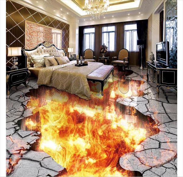 Plancher photo personnalisé Fond d'écran Stickers muraux 3D Feu moderne Flamme Flame Flame 3D Plancher Peinture Murs Papiers Accueil Décoration