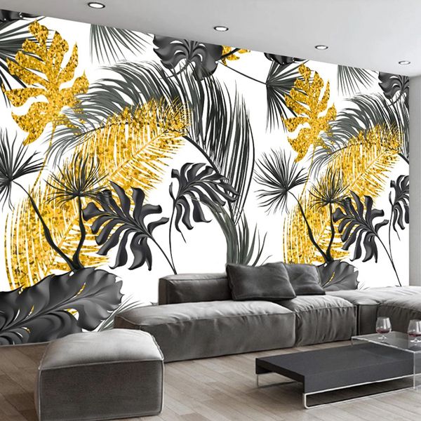 Foto personalizzata dipinta a mano nero bianco foglie dorate murales 3D carta da parati moderna soggiorno divano decorazione pittura murale