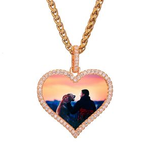 Aangepaste foto iced out hanger liefde hart ketting voor mannen / vrouwen gepersonaliseerde geheugen foto hiphop sieraden