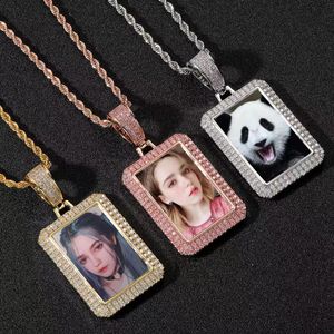 Cadre de collier pendentif rectangle médaillons photo personnalisés avec chaîne de tennis or Ice Out Rock Street bijoux hip hop pour femmes et hommes