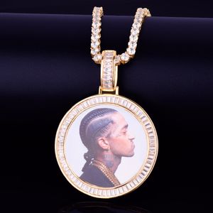 Medallones de fotos personalizados Collar redondo Marco de fotos Colgante con cadena de tenis de diamantes Gold Ice Out Rock Street Joyería de hip hop para hombres