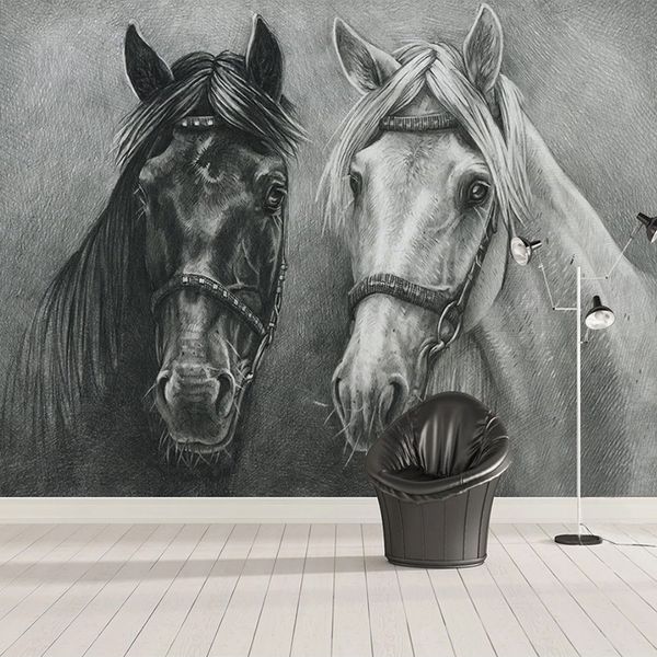 Mural fotográfico personalizado 3D creativo pintado a mano caballo blanco y negro dormitorio estudio sala de estar decoración de pared pintura papel tapiz