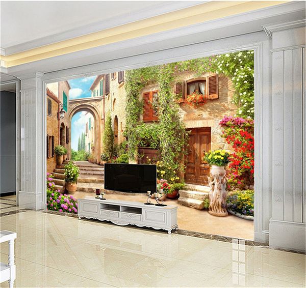 Papel de parede de foto personalizado 3d lindas flores e majestoso castelo sala de estar tv fundo encadernado pintura de parede papel de parede