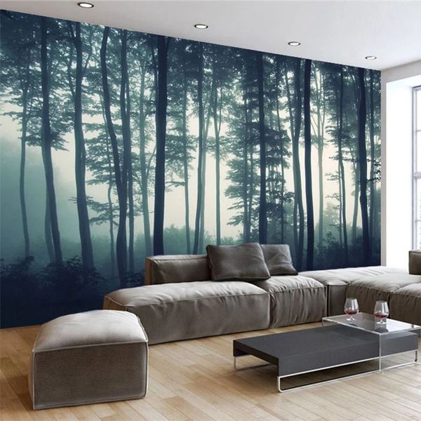 Foto de pantalla foto de pantalla 3D denso niebla bosque árbol mural sala de estar sofá sofá dormitorio pintura naturaleza paisaje pared