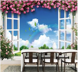 Aangepaste foto behang 3D-muurschildering behang blauwe lucht en witte wolken groen gras rose bloem romantisch mooi venster achtergrond muur papier