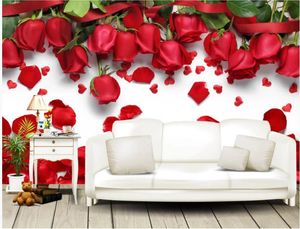 Photo faite sur commande Fond d'écran 3D stéréo bel amour romantique pétales de fleurs de rose rouge mur de fond TV
