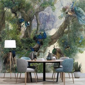 Papier peint Photo personnalisé Style chinois paon forêt fond Mural salon chambre étude décor à la maison Papel De Parede