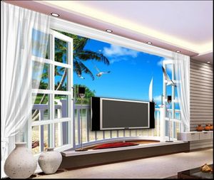 Aangepaste foto behang voor muren 3d muurschilderingen blauwe lucht en witte wolken 3D-venster gordijn strand boom tv achtergrond muur papers home decor