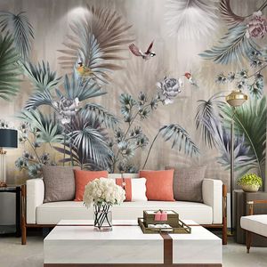 Aangepaste foto behang voor muren 3d nordic plant bladeren bloemen vogels muur muurschildering retro woonkamer sofa tv achtergrond behang