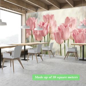 Aangepaste foto Wallpaper Handgeschilderde roze tulpen Bloemwandbedekking Muurschildering voor woonkamer Slaapkamer Achtergrond 3D Dining Kitchen