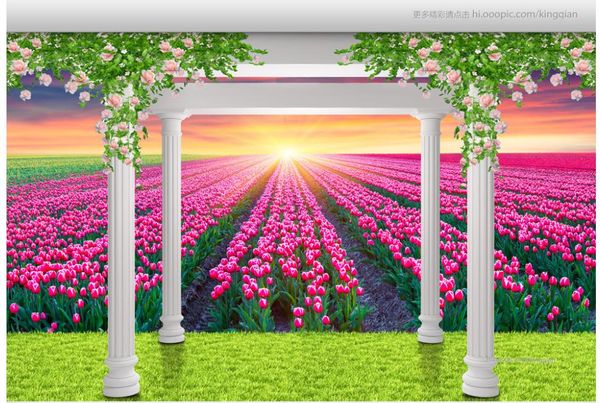 Personnalisé Photo Papier Peint KTVOriginal Roman colonne fleur vigne tulipe paysage 3D TV fond mur Art Mural pour Salon Grande Peinture