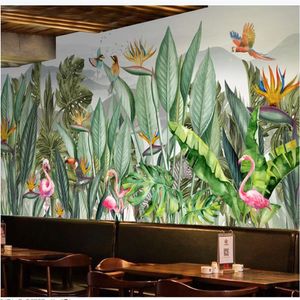 photo personnalisé papier peint plantes grandes fleurs peintes à la main et le mur de fond des oiseaux