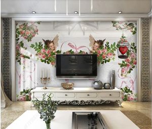 Aangepaste foto wallpapers voor muren 3D-muurschilderingen moderne Europese stijl kleine engel rose bloem tv achtergrond muur papieren woondecoratie