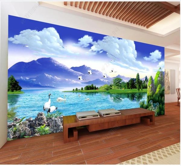 Fonds d'écran Photo personnalisés pour murs Murales 3D HD Blue Sky Blanc Clouds Lake Forêt Paysage Fond Documents muraux Home Décoration de la maison