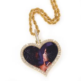 Collier de photos personnalisées Mémoire plaquée or Iced Out Heart Pendant Mens Hip Hop Colliers Bijoux