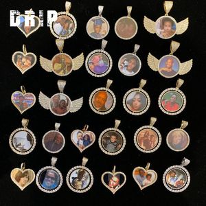 Custom foto geheugen foto iced out hanger cirkel hart vleugels bling bling gepersonaliseerde foto hanger neckalce hiphop sieraden