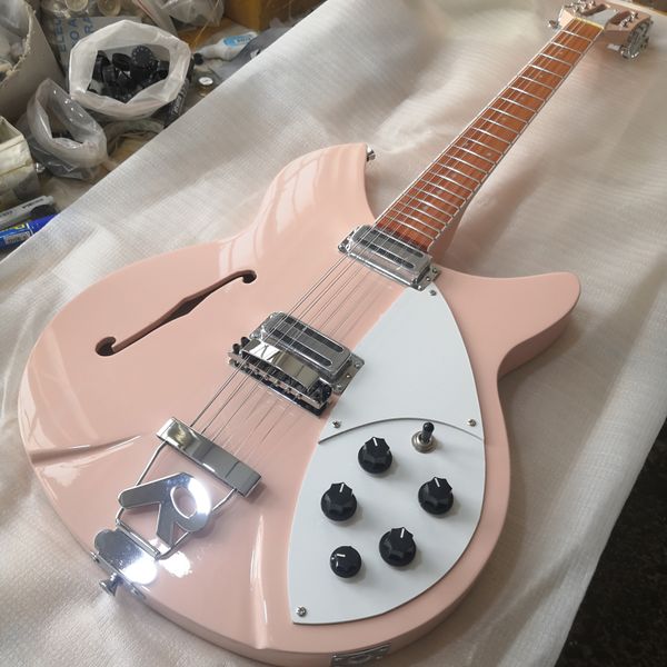 Guitare électrique rose personnalisée à 12 cordes, modèle 330 Rick Toaster Pickups, guitares électriques à corps Semi creux, fabriquées au menton