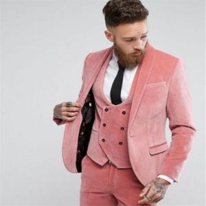 Aangepaste roze fluwelen herenpakken 3 pc's mode winter bruidegom trouwjurk slanke fit heren tuxedo pak jas vest broeken blaze261f