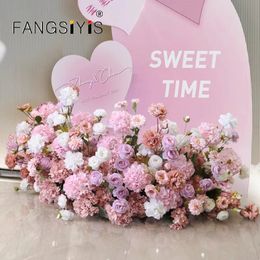 Toile de fond rose personnalisée pour mariage, arrangement de rangées de fleurs artificielles, accessoires de fête, affichage de fenêtre, 240131