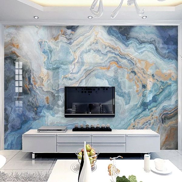 Papier peint personnalisé à motif de marbre bleu abstrait, décoration murale de fond de télévision, de salon, de canapé et de cuisine, étanche 2573