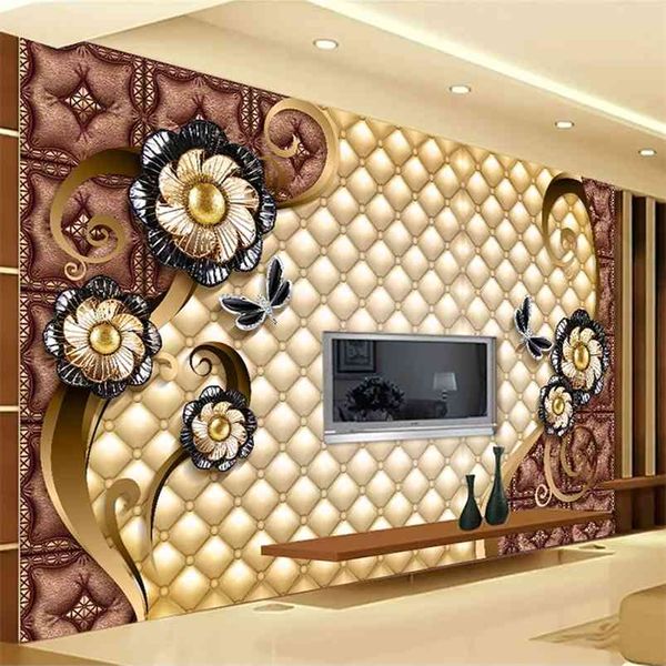 Personnalisé Po Mural Luxe Bijoux Noir Fleurs Sac Souple TV Fond Peinture Murale Salon Chambre 3D Papier Peint En Relief 210722