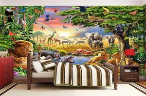 PO personnalisé Mural Notor Wallpaper 3d Cartoon Grassland Animal Lion Zebra Children Chamor Home Decor Wall Paint9973897