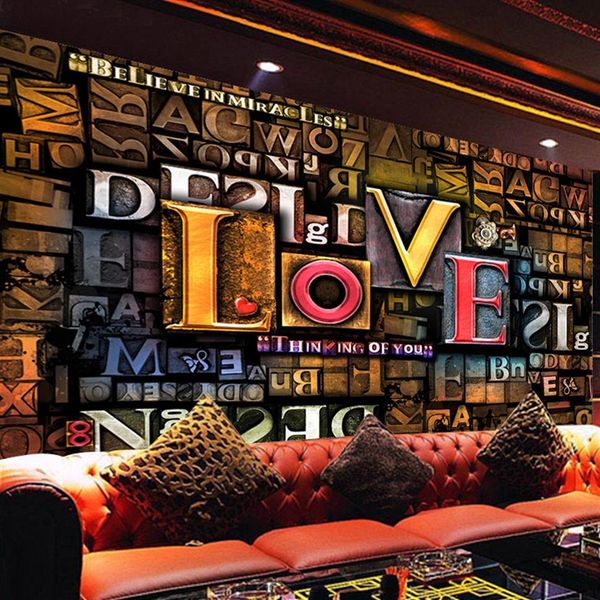 Papel de pared Po personalizado 3D estereoscópico en relieve moda creativa letras inglesas LOVE restaurante café fondo Mural Decor292Z