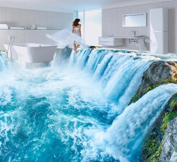 Fond d'écran PO personnalisé 3D cascades paysage carreaux de sol muraux Sticker salle de bain chambre PVC Papier mural étanche à usure étanche 21348213